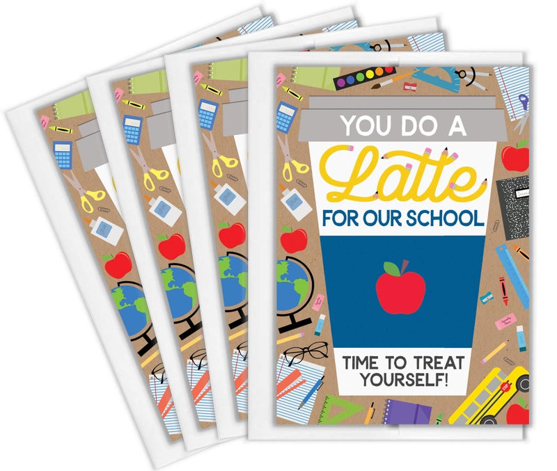 Tiny Expressions â€“ Teacher Appreciation Coffee Gift Card Holders (4 Pack) | Set of 4 with Envelopes | School Themed 5"x7" Gifts for Teachers, Principals, Bus Drivers, & Daycare Employees - Image 2